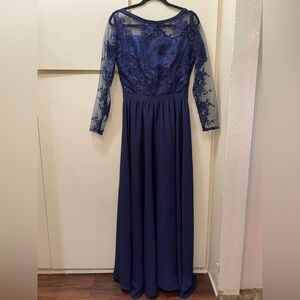 M/L Blue Floral Embroidered Transparent Mesh Long Sleeve Lined Zip Up Maxi Gown
